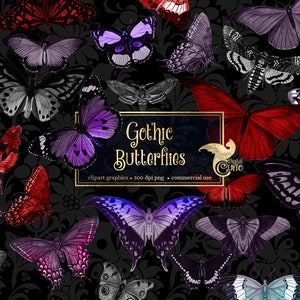 May include: A digital clipart set of 300 dpi PNG images featuring gothic butterflies in various colors, including red, purple, black, and white. The butterflies are depicted on a black background with a floral pattern. The text "Gothic Butterflies" is displayed in a gold frame.