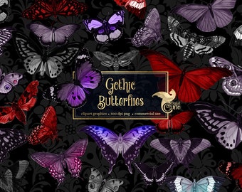 Gothic Butterflies Clipart, vintage butterfly clip art graphics in PNG format instant download for commercial use