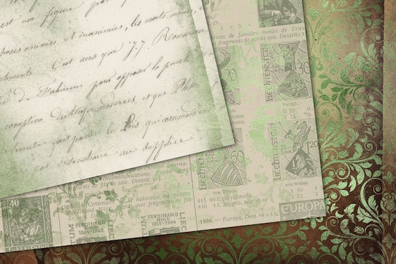 Ornamental Patterns On Grungy Green Backgrounds 6 Printable Ephemera Pages Pastel Green Ornamental Ephemera Pages DIGITAL Paper Pack