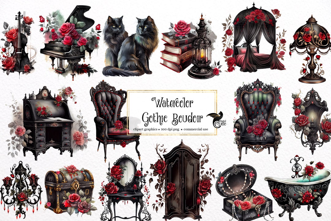 Watercolor Gothic Boudoir Clipart Dark Fantasy Watercolor Fashion PNG ...