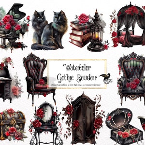 Watercolor Gothic Boudoir Clipart - dark fantasy watercolor fashion PNG format instant download for commercial use