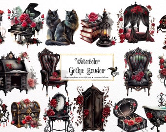 Watercolor Gothic Clipart – Dark Fantasy Boudoir, Commercial Use (PNG)