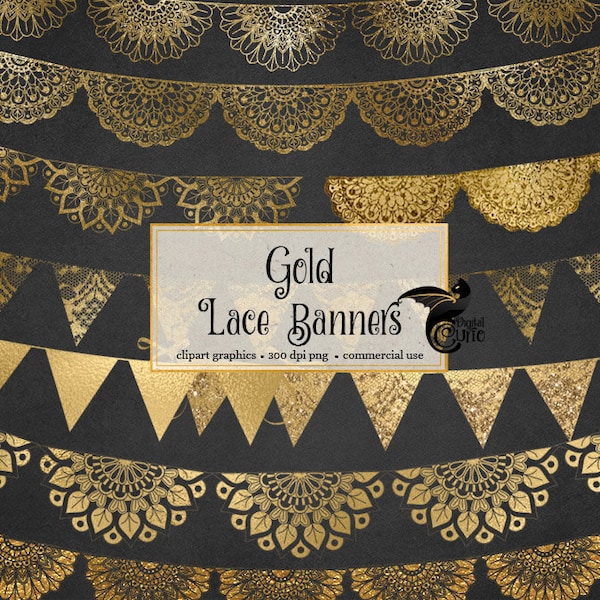 Gold Lace Banners Clipart, gold foil clip art bunting banner overlays in golden glitter lace