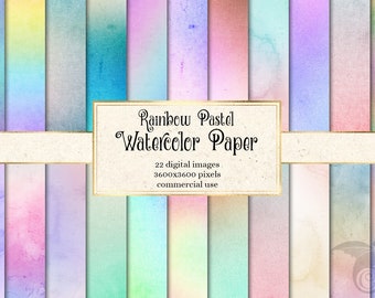 Rainbow Pastel Watercolor Digital Paper, backgrounds in soft gradients instant download for commercial use