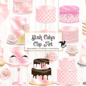 Blush Cakes Clipart, digital instant download cake clip art graphics in blush pink and gold for commercial use