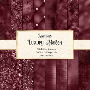May include: A set of 30 digital seamless patterns in maroon and gold. The patterns feature various textures, including sequins, glitter, and geometric designs. The patterns are 3600 x 3600 pixels and in JPEG format.