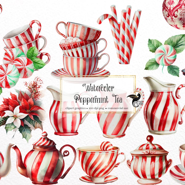 Watercolor Peppermint Tea Clipart, winter holiday tea cups, garden tea clip art PNG graphics instant download for commercial use