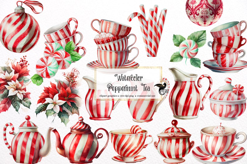 May include: Watercolor clipart set of peppermint tea themed items, including teacups, teapot, creamer, sugar bowl, candy canes, and poinsettia flowers. The items are decorated with red and white stripes.