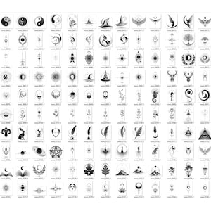 May include: A collection of black and white illustrations featuring various mystical and celestial designs. The images include moons, stars, witch hats, animals, and geometric shapes, suitable for tattoos or graphic design projects.