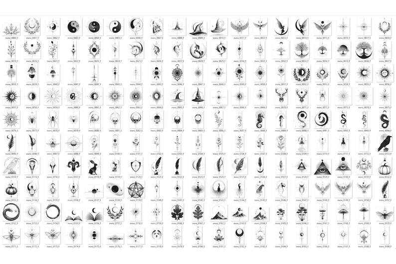 May include: A collection of black and white illustrations featuring various mystical and celestial designs. The images include moons, stars, witch hats, animals, and geometric shapes, suitable for tattoos or graphic design projects.