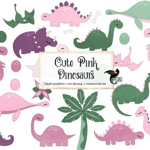 May include: A set of 15 cute pink and green dinosaur illustrations. The dinosaurs are in various poses, including standing, walking, and flying. The illustrations are perfect for use in children's books, crafts, and other creative projects.