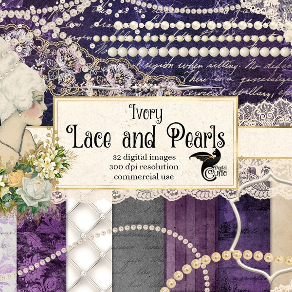 Lace and Pearls Clipart, Digital Scrapbooking kit, Ivory lace white pearl clip art digital jewelry, gems, instant download commercial use