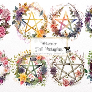 Watercolor Pentagram Clipart floral pentacle PNG format instant download for commercial use image 1