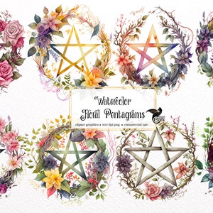 Clipart de pentagrama aquarela - download instantâneo em formato PNG de pentagrama floral para uso comercial