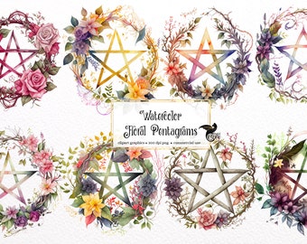 Watercolor Pentagram Clipart - floral pentacle PNG format instant download for commercial use