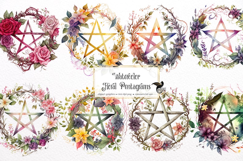 Watercolor Pentagram Clipart floral pentacle PNG format instant download for commercial use image 1