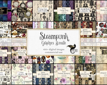 Steampunk Graphics Bundle, Clipart & Digital Paper (Digital Download)