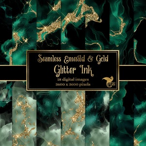 May include: Seamless digital paper patterns featuring emerald green and gold glitter ink. 18 digital images, 3600 x 3600 pixels.