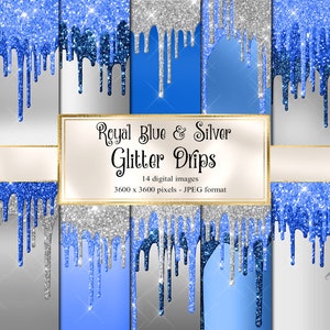 May include: A digital paper pack with 14 images of blue and silver glitter drips. The images are 3600 x 3600 pixels and are in JPEG format.