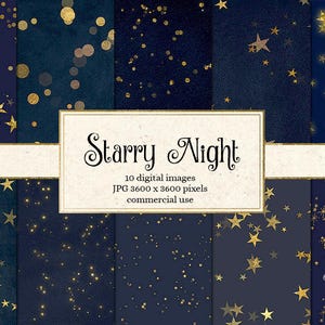 Sterrennacht digitale papier achtergronden, hemelse digitale papier, gouden sterren Middernacht Scrapbook papier, ster patronen, nachtelijke hemel papier