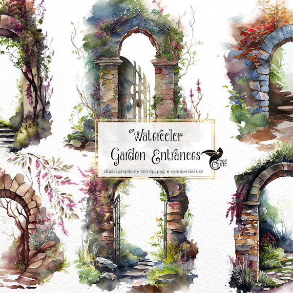 Watercolor Garden Entrances Clipart - spring floral PNG format instant download for commercial use