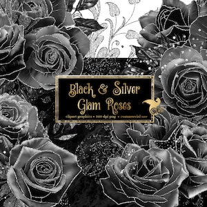 Schwarz und Silber Glam Rose Clip Art, digitaler sofortiger Download Blume png Verzierungen, Gothic Glitzer Rosen