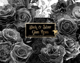 Imágenes prediseñadas de rosas con purpurina negra y plateada, adornos góticos glamurosos (descarga digital)