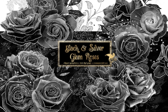 Black and Silver Glam Rose Clip Art, Digital Instant Download Flower Png  Embellishments, Gothic Glitter Roses 