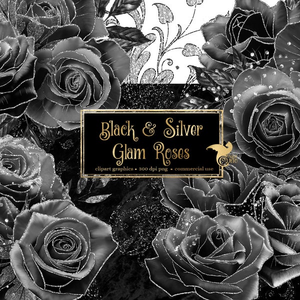 Black and Silver Glam Rose Clip Art, digital instant download flower png embellishments, gothic glitter roses