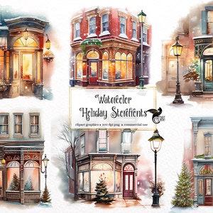 Aquarel Holiday Storefronts Clipart - schattige winterwinkels, kerstinkopen PNG formaat instant download voor commercieel gebruik
