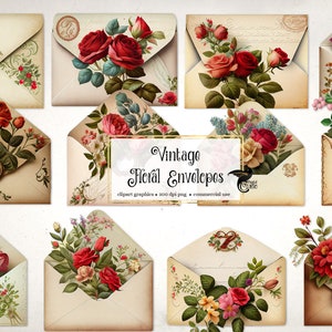 Vintage Floral Envelope Clipart, antique Valentine illustrations digital illustrations PNG instant download commercial use