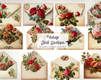 Op de afbeelding: Set van acht digitale vintage bloem-envelopgrafieken. Elke envelop heeft een andere bloemschikking met rozen, lelies en andere bloemen in tinten roze, rood en wit. De enveloppen zijn op een witte achtergrond.
