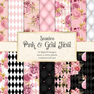 Pink and Gold Floral digital paper, seamless gold and pink rose printable scrapbook paper, pink watercolor flower backgrounds, paper pack
