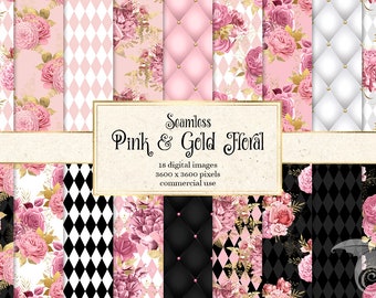 Pink and Gold Floral digital paper, seamless gold and pink rose printable scrapbook paper, pink watercolor flower backgrounds, paper pack