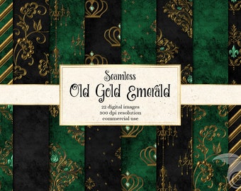 Old Gold Emerald Digital Paper, seamless royal queen patterns with gold crowns for instant download commercial use