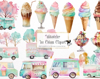 Watercolor Ice Cream Clipart, Cones, Sundaes (PNG, Digital Download)