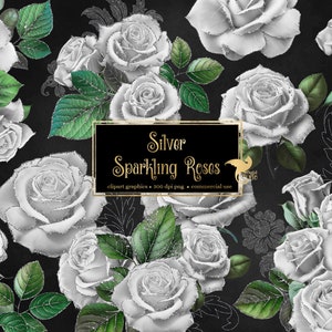 Silber Sparkling Rosen Clip Art, digitaler sofortiger Download Glitzer Blume png Grafiken, silberne Glitzer Rosen