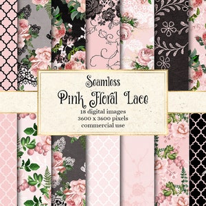 Rosa Blumen Spitze digitales Papier, nahtlose florale Muster rustikale Blumen elfenbein schwarze Blumenmuster druckbare Scrapbook Papier Hintergründe
