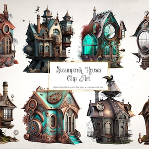 Steampunk Houses Clipart - fantasy clip art graphics and collage sheets for altered art or junk journals instant download commercial use