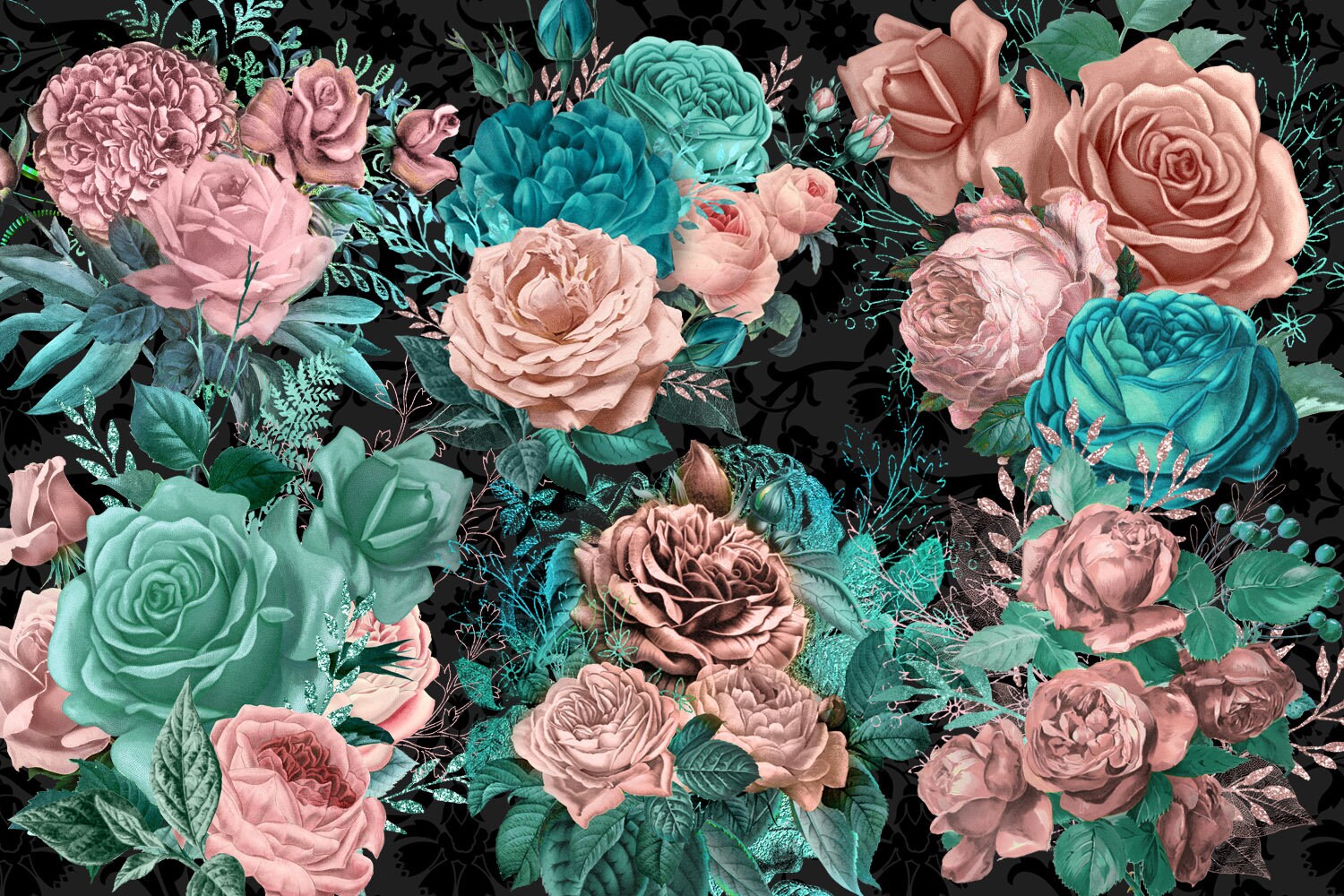 Pink & Aqua Floral Clipart, Rustic Rose Bouquets (PNG Digital Download ...