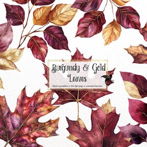 Clipart de folhas em aquarela Borgonha e ouro - folhas em aquarela em formato PNG download instantâneo para uso comercial