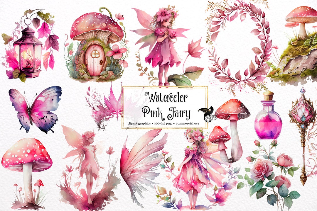 Watercolor Pink Fairy Clipart – Fantasy Floral Graphics (PNG Digital ...