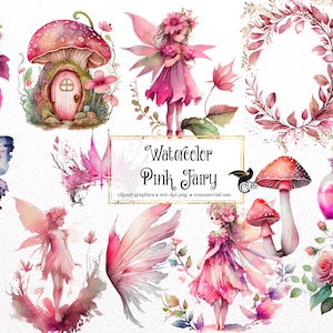 Watercolor Pink Fairy - fantasy floral spring clip art graphics in PNG format instant download for commercial use