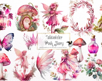 Watercolor Pink Fairy Clipart – Fantasy Floral Graphics (PNG Digital Download)