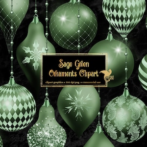 Imágenes Prediseñadas de adornos de Navidad verde salvia, imágenes prediseñadas de adorno de bola de Navidad de brillo digital en formato png para uso comercial