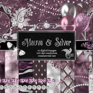 Mauve and Silver Digital Scrapbooking Kit, clipart and seamless digital paper in purple and silver foil for commercial use
