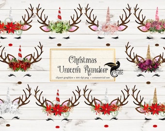 Christmas Reindeer Unicorn Clipart, unicorn faces, reindeer face, candy cane unicorn horn gold glitter unicorn eyes eyelashes horns graphics