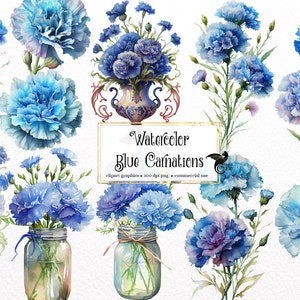 Watercolor Blue Carnation Clipart - floral graphics in PNG format instant download for commercial use