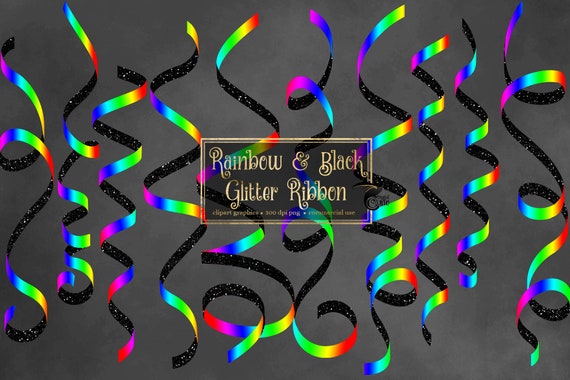 Black Gold Glitter Ribbon Streamers Confetti Clipart Curling