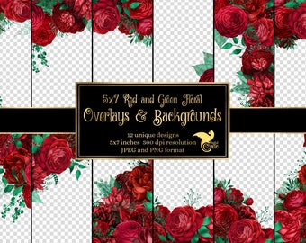 5x7 Red and Green Floral Overlays for invitations, planners, journal pages, vintage flower clipart, wedding frames, border clip art overlays